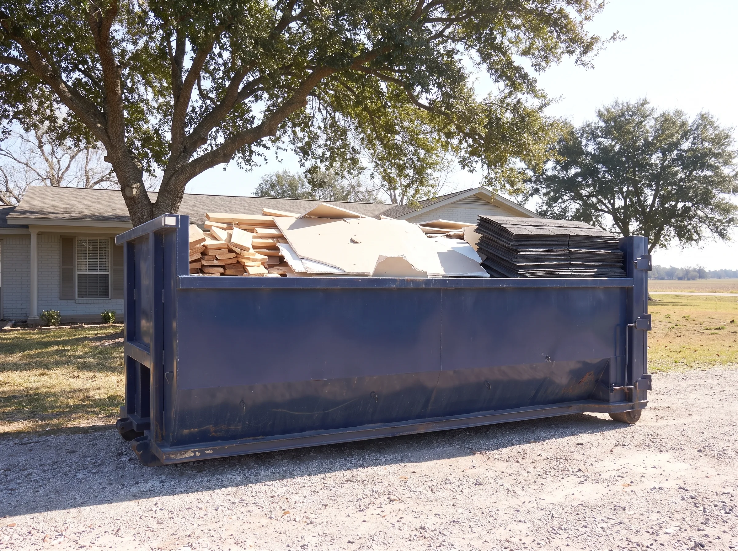 Roll-off dumpster being loaded in Brazoria County, TX